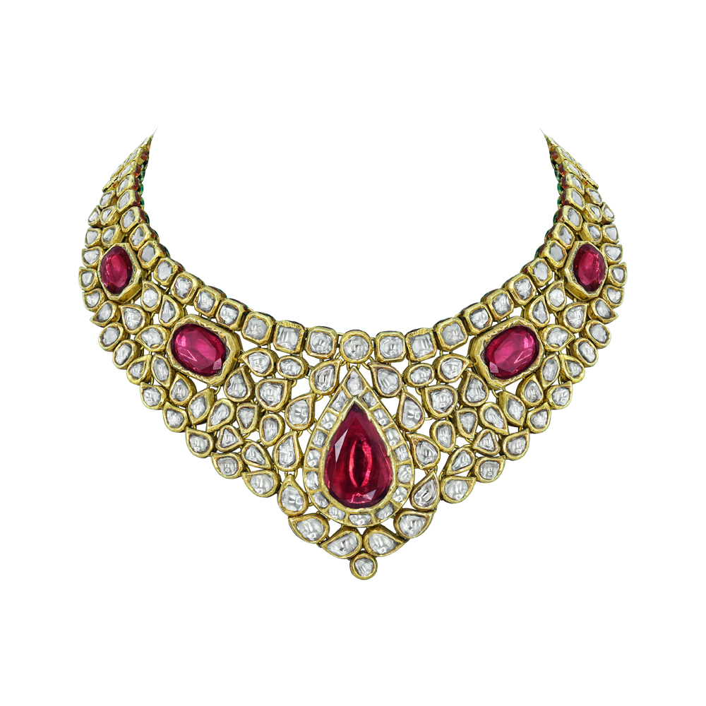 Regal Polki Necklace with Red Stone and Opulent Design